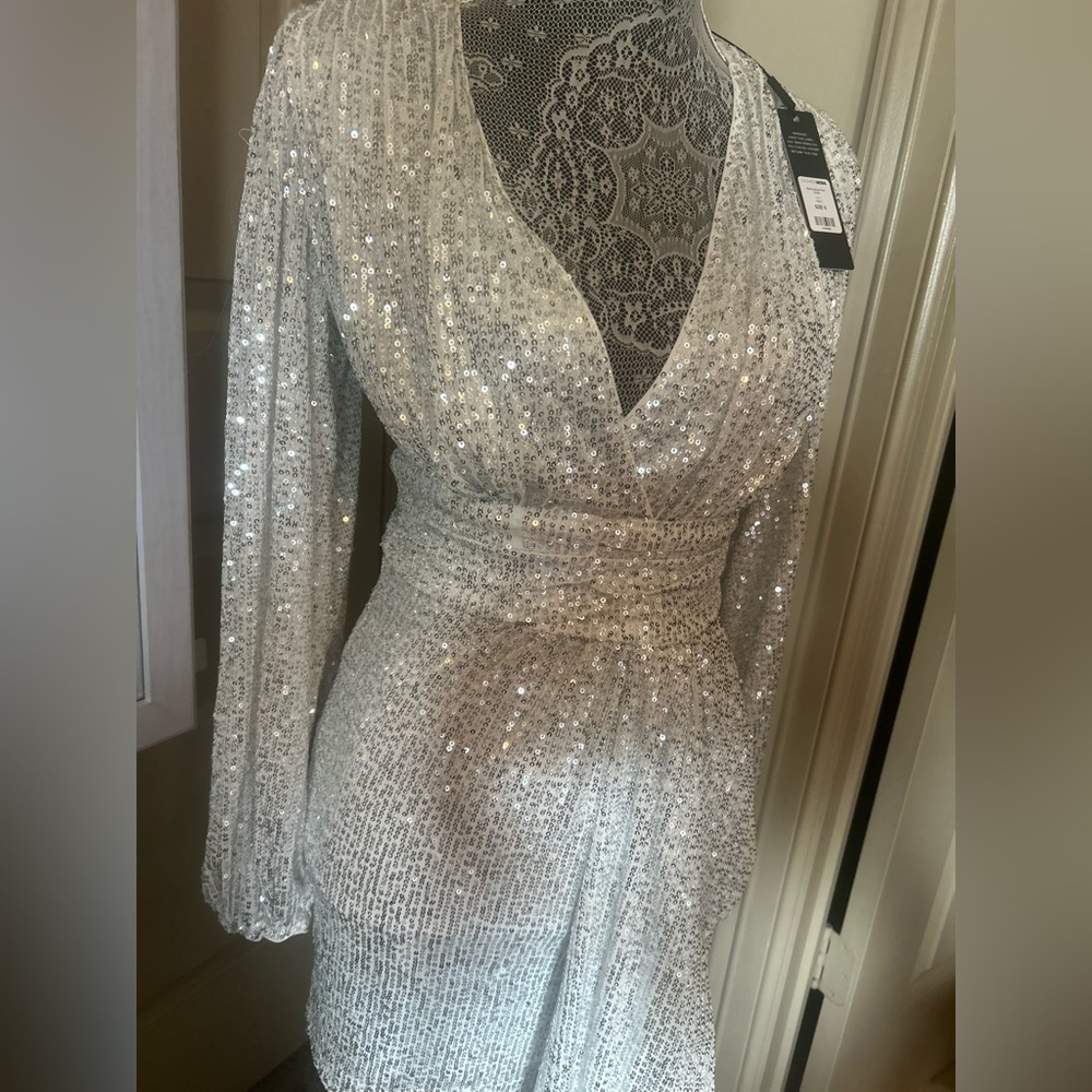 Fashion Nova Silver Sequin Bodycon Dress with Bishop Sleeves - Picture 2 of 3